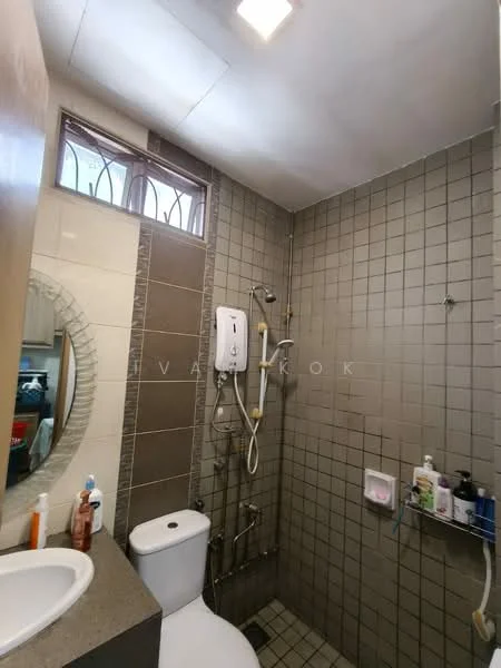 Bathroom features: walk-in shower with glass enclosure, rain shower head, handheld shower, chrome basin mixer, one-piece toilet, single-sink vanity with grey cabinet, mirror above vanity, tile cladding on walls, ceramic tile flooring, window for natural light, shower caddy for toiletries, wall-mounted soap dispenser; style: modern.