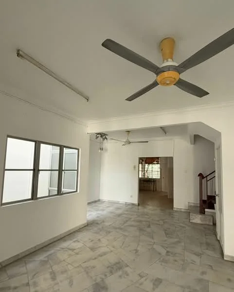 Room features: white painted walls, marble tile flooring, 5-blade ceiling fan with light, 2 ceiling fans, large windows, staircase visible, open layout, natural light; style: modern.