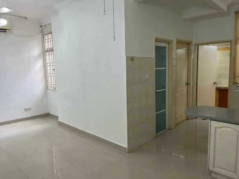 Room features: white painted walls, cream tiled flooring, 1 wall-mounted split AC, window with grid pattern, doorway leading to bathroom, doorway leading to another room, light fixture on ceiling, kitchen counter with bar seating; style: modern.