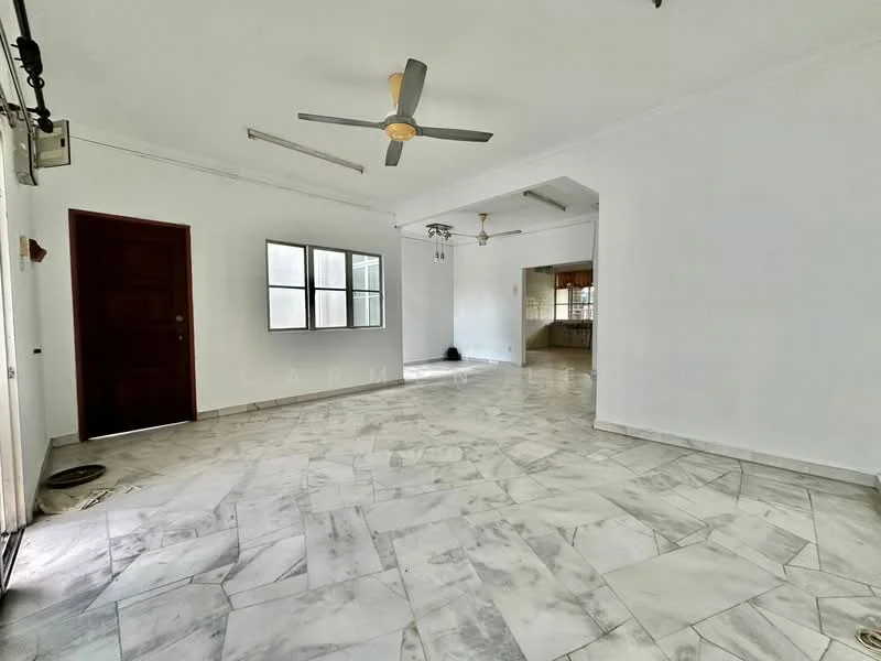 Living features: marble flooring, white painted walls, 5-blade ceiling fan with light, floor-to-ceiling windows, door with wooden frame, recessed ceiling lights; style: modern. Kitchen features: tile flooring, white painted walls, kitchen cabinetry, window above sink.