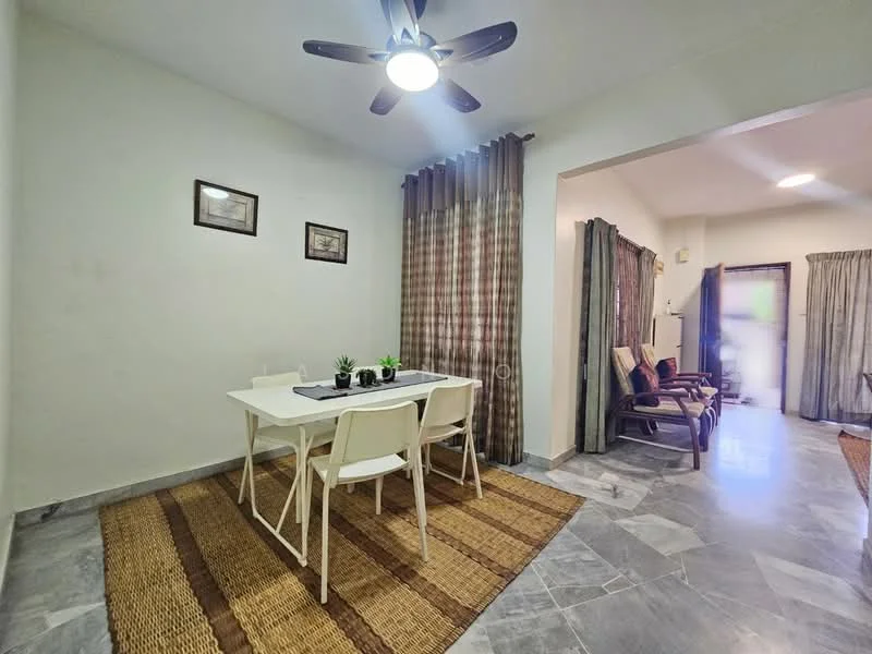 Dining features: white dining table, 4 white chairs, woven area rug, grey marble flooring, ceiling fan with light, framed artwork on walls, curtains with plaid pattern; style: modern. Living features: 2-seater sofa, armchair, coffee table, curtains with plaid pattern, grey marble flooring; style: modern.