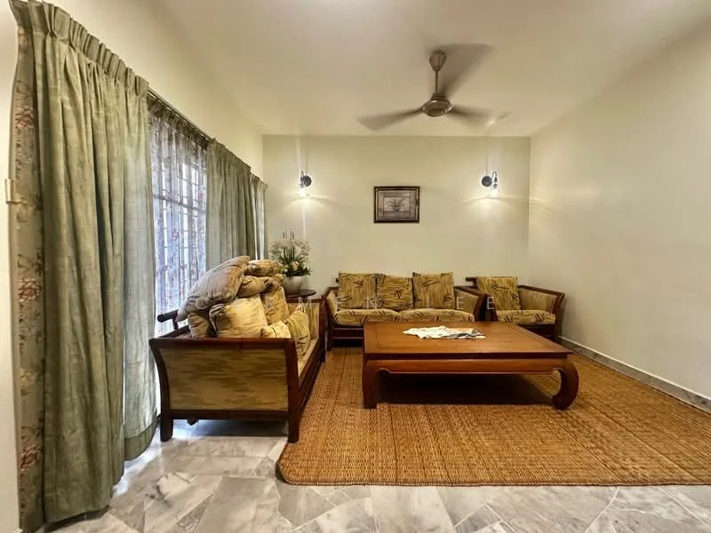 Living features: 3-seater wooden sofa with cushions, 2 armchairs with cushions, wooden coffee table, area rug, marble flooring, green curtains, wall-mounted lights, ceiling fan, framed artwork on wall, large windows with sheer curtains; style: traditional.