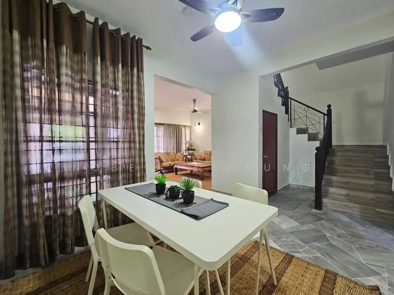 Dining features: white dining table, 4 white chairs, table runner, decorative plants on table, brown area rug, curtains with geometric pattern, floor-to-ceiling windows, light grey tiled flooring, ceiling fan with light; style: modern. Living features: sofa set in beige, coffee table, decorative cushions, curtains with floral pattern, light fixtures, carpeted flooring, wall-mounted TV, side table; style: modern. Hallway features: staircase with wooden railing, light grey tiled flooring, white walls, door to hallway, decorative wall art; style: modern.