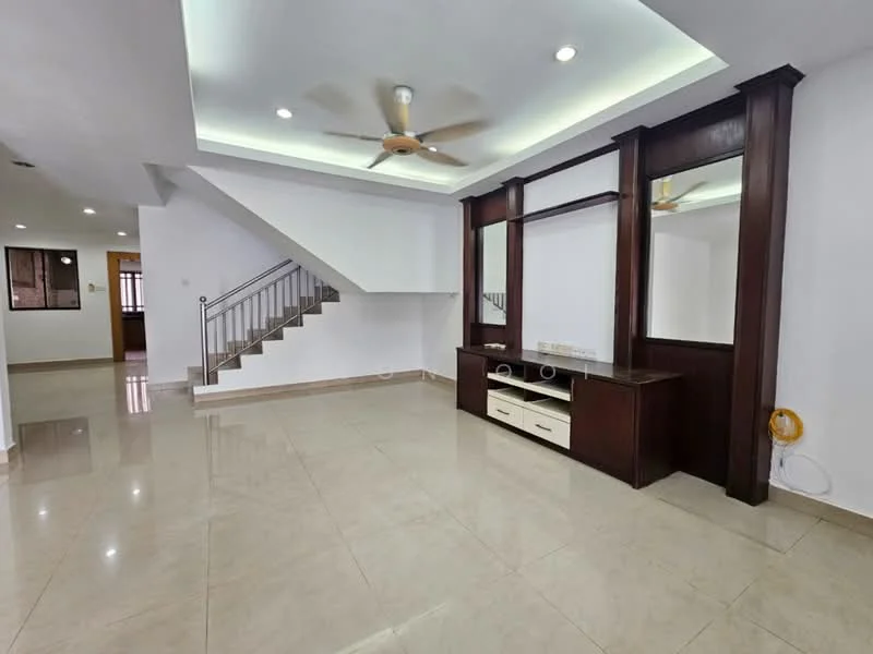 Living features: marble tile flooring, white painted walls, tray ceiling with recessed lighting, 5-blade ceiling fan with light, wooden console with mirror, staircase with metal railing, natural light from windows, open layout; style: modern.