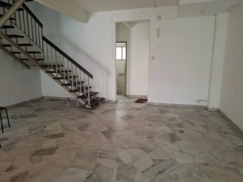 Living features: marble flooring, white painted walls, staircase with metal railing, large window, open layout, no visible furniture, neutral color scheme, light from window.