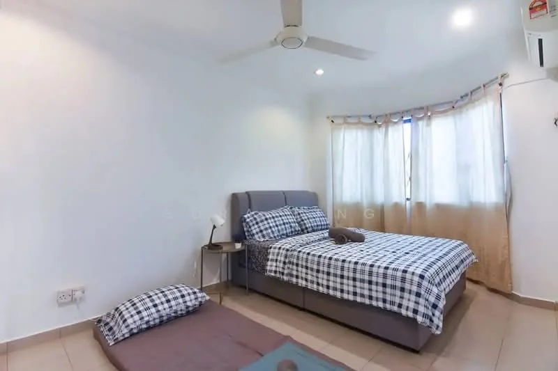 Bedroom features: queen-size bed with grey upholstered headboard, plaid bedding in black and white, single bed mattress on the floor, nightstand with lamp, ceiling fan, window with sheer curtains, cream painted walls, tile flooring, air conditioning unit on wall; style: modern.