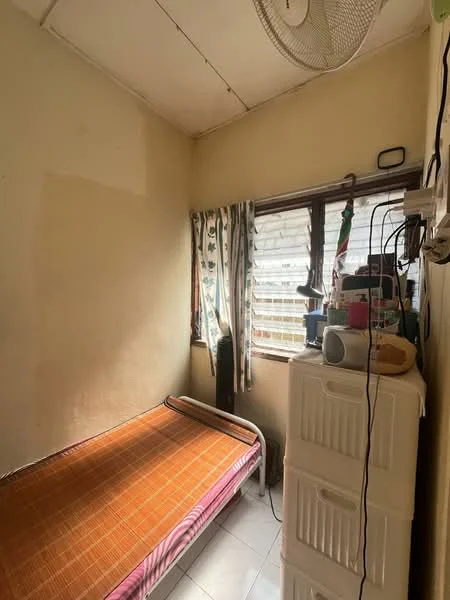 Bedroom features: single bed with mattress, cream painted walls, white tiled flooring, window with blinds, ceiling fan, built-in wardrobe, decorative curtains, wall-mounted shelf, electrical outlets.