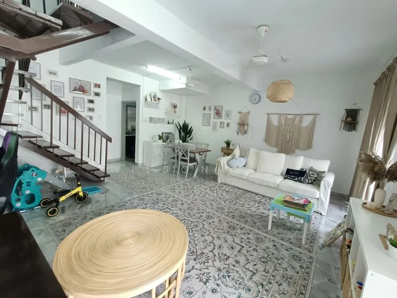 Living features: white fabric sofa, round coffee table, area rug with geometric pattern, ceiling fan, wall-mounted clock, decorative wall hangings, indoor plants, dining table for four, staircase with wooden railing, large windows with curtains, wall art and photographs, grey tiled flooring; style: modern. Dining features: dining table for four, white chairs, indoor plants, decorative wall hangings; style: modern.
