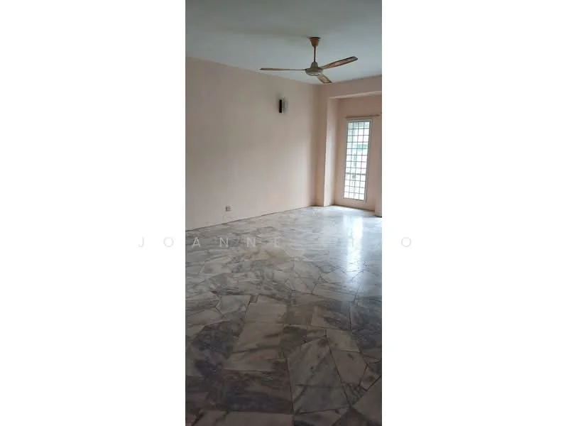 Living features: marble flooring, pale pink painted walls, 5-blade ceiling fan, floor-to-ceiling windows, natural light, corner window, no visible furniture, open layout.