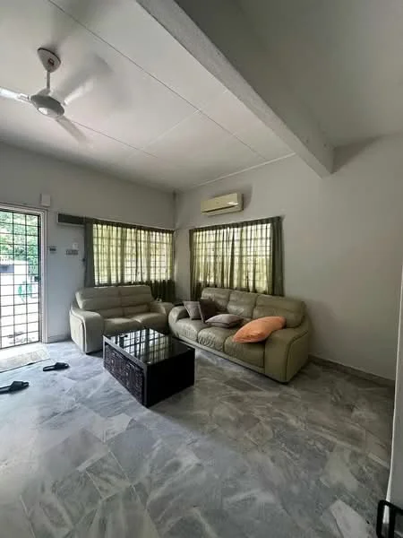 Living features: 3-seater leather sofa in beige, 2-seater leather sofa in beige, coffee table, ceiling fan, wall-mounted split AC, floor-to-ceiling windows with sheer curtains, grey marble flooring, decorative cushions, sliding glass door, green curtains; style: modern; view: garden.