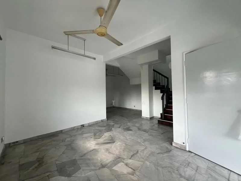 Room features: marble flooring, white painted walls, ceiling fan, staircase visible, door, natural light from window, open layout; style: modern.