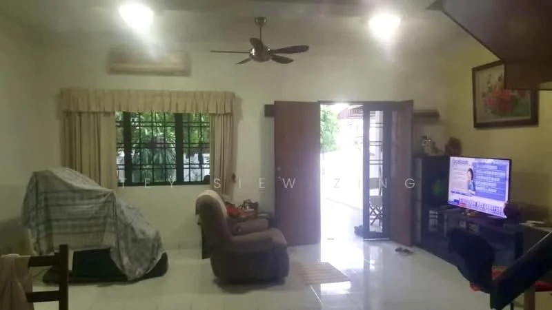Living features: white painted walls, glossy tile flooring, 5-blade ceiling fan, floor-to-ceiling windows, curtains, sliding glass door, TV console, wall-mounted TV, armchair, decorative artwork, area rug.