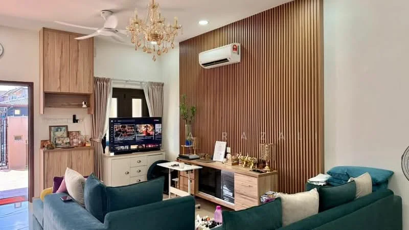 Living features: 3-seater fabric sofa in teal, 2-seater fabric sofa in grey, wooden TV console, wall-mounted TV, chandelier, ceiling fan, air conditioning unit, wood panel accent wall, curtains, decorative items on console, coffee table, area rug; style: modern.