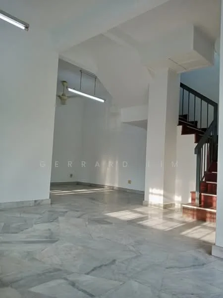 Room features: marble flooring, white painted walls, ceiling fan, staircase with wooden steps, large windows allowing natural light, recessed lighting, open layout, high ceiling; style: modern.