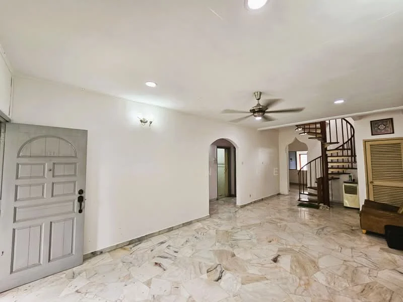 Living features: white painted walls, marble flooring, 5-blade ceiling fan with light, arched doorway, staircase with wooden railing, wall-mounted light fixtures, open layout, natural light from windows, decorative wall panel, space for furniture arrangement; style: modern.