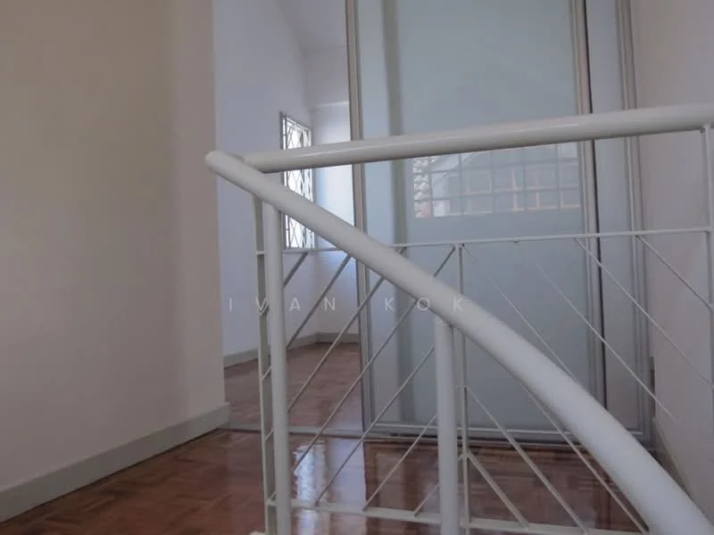 Room features: wooden flooring, white painted walls, glass sliding door, metal railing, natural light from windows, high ceiling; style: modern.