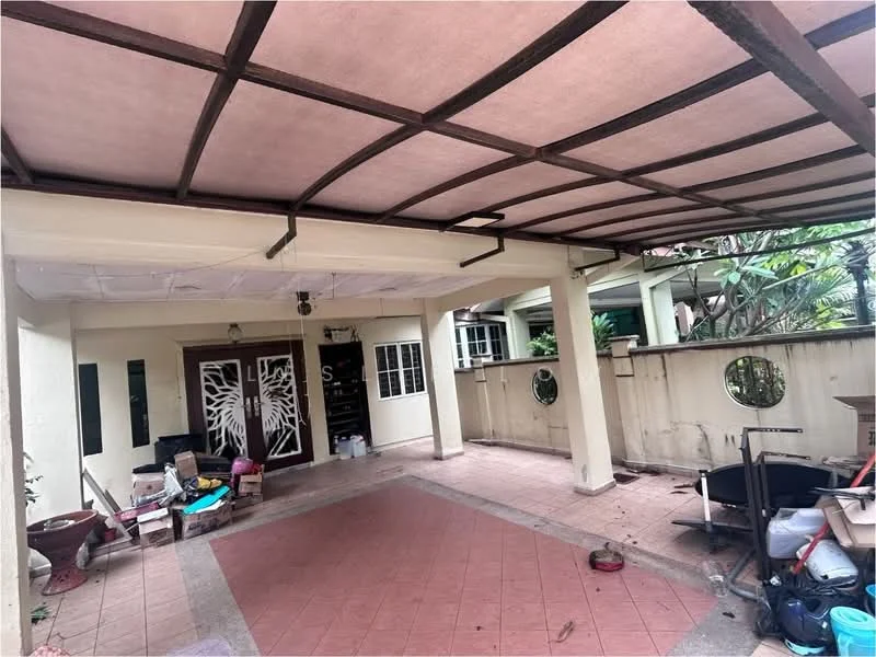 Room features: covered patio, pink ceiling, tiled flooring, decorative wall with circular windows, exposed beams, outdoor furniture, storage items, greenery visible in background; view: garden.