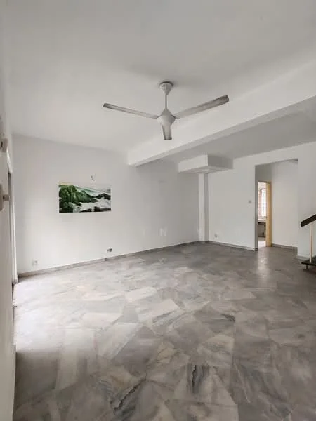 Living features: marble flooring, white painted walls, 5-blade ceiling fan, large windows, wall art, open layout, neutral color scheme, no visible furniture; style: modern.