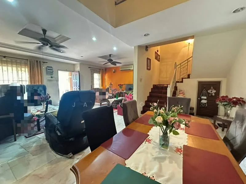 Dining features: 6-seater dining table with multi-colored tablecloth, wooden dining chairs, decorative vase with flowers, pendant light above dining table, marble flooring, wall-mounted air conditioning unit, curtains on windows, open layout to living area; style: modern. Living features: 3-seater fabric sofa in black, 2 armchairs, ceiling fan, wall-mounted TV, decorative wall art, carpet on floor, large windows with curtains, open layout to dining area; style: modern.