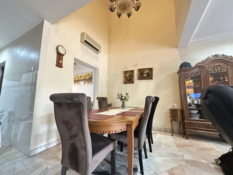 Dining features: wooden dining table, upholstered dining chairs in grey, chandelier with decorative design, wall-mounted clock, air conditioning unit, framed artwork on walls, cream painted walls, marble tile flooring, wooden display cabinet, decorative vase with flowers; style: traditional.