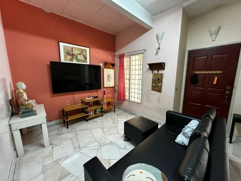 Living features: black leather sofa, wooden coffee table, TV console, wall-mounted TV, white painted walls, orange accent wall, marble tile flooring, floor-to-ceiling window, sheer curtains, decorative wall art, door with red paint; style: modern.