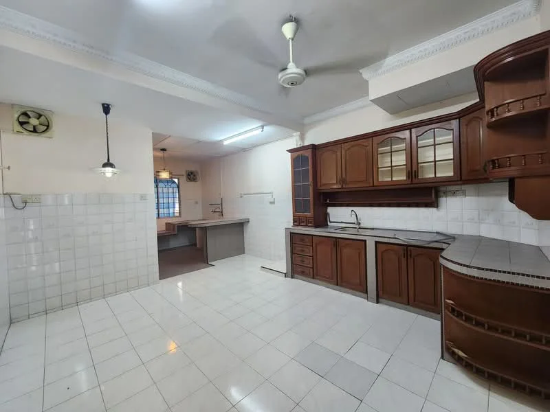 Kitchen features: white tiled flooring, brown wooden cabinetry, stainless-steel sink, chrome faucet, wall-mounted split AC, ceiling fan, pendant light, tile backsplash, countertop with rounded edge, built-in oven, kitchen island, window with grid pattern; style: traditional.