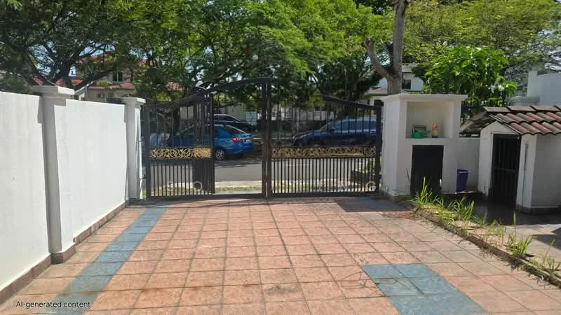 Exterior type: detached bungalow; features: gated entrance, white painted walls, paved driveway, manicured lawn, mature trees, stone-paved walkway, decorative gate with intricate design, surrounded by greenery; style: modern.