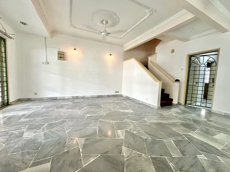 Living features: marble tile flooring, white painted walls, tray ceiling, 5-blade ceiling fan, recessed downlights, large windows, staircase leading to upper floor, double-door entry, decorative ceiling rose, wall-mounted electrical panel; style: modern.