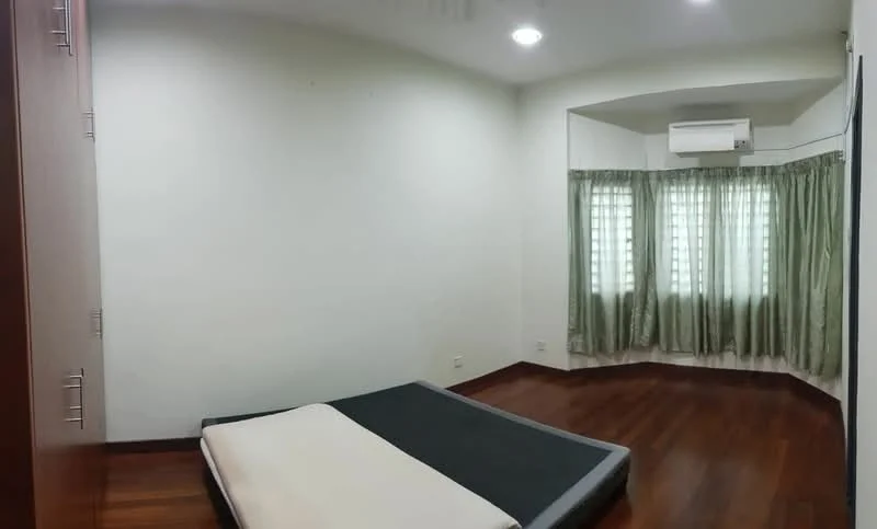 Bedroom features: wooden flooring, white painted walls, curtains in green, air conditioning unit, corner window, built-in wardrobe, unmade bed with mattress, recessed ceiling lights.