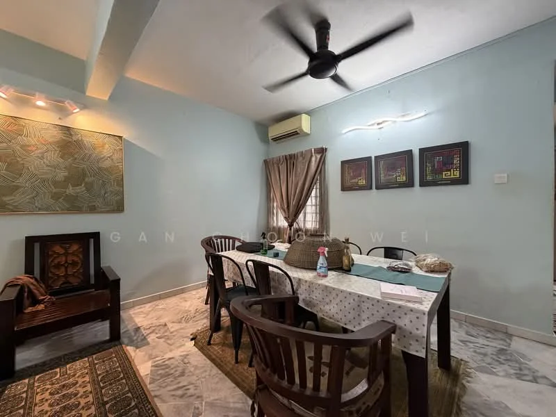 Dining features: marble flooring, light blue painted walls, ceiling fan, window with curtains, dining table with 6 chairs, decorative wall art, wooden side chair, area rug with geometric pattern, air conditioning unit; style: traditional.