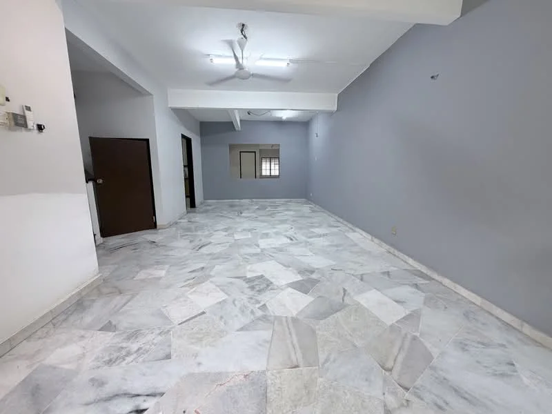 Living features: marble flooring, grey painted walls, exposed ceiling beams, ceiling fan, large windows, open layout, neutral decor, no visible furniture; style: modern.