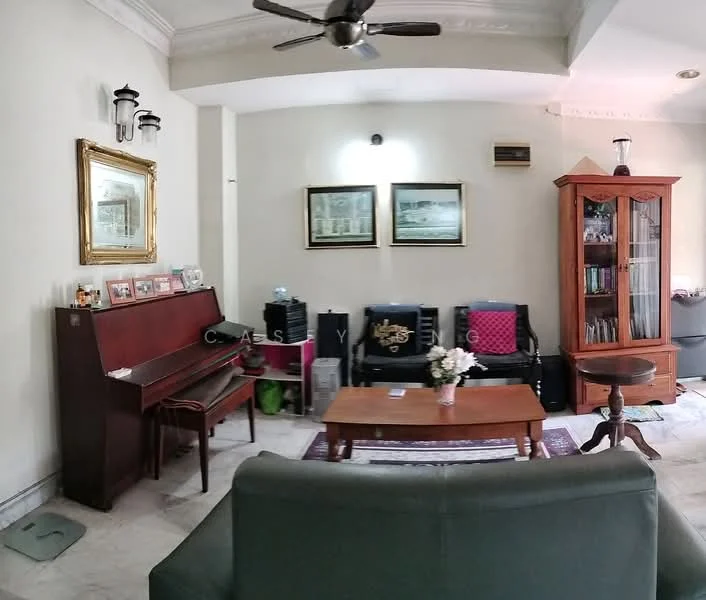 Living features: cream painted walls, marble flooring, 5-blade ceiling fan with light, framed artwork, wooden coffee table, 3-seater fabric sofa in green, piano, wooden display cabinet, decorative plants, wall-mounted air conditioning unit; style: traditional.