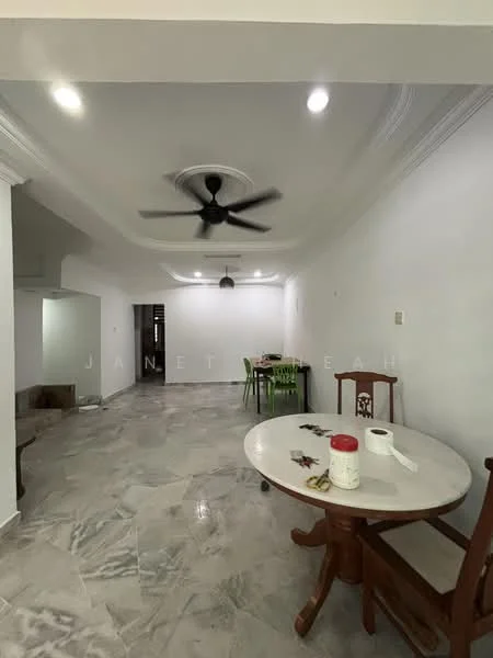 Dining features: round marble dining table, 4 wooden dining chairs, 5-blade ceiling fan with light, white painted walls with crown moulding, marble flooring, recessed downlights, open layout, decorative wall light; style: modern. Room features: white painted walls, marble flooring, recessed downlights.