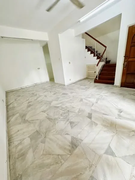 Room features: marble tile flooring, white painted walls, ceiling fan, staircase with wooden steps, door with wooden frame, wall-mounted air conditioning unit, large windows, open layout; style: minimalist.