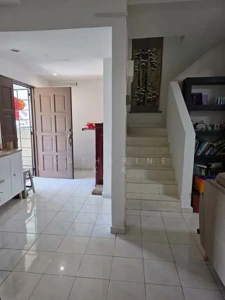 Room features: white painted walls, white tiled flooring, staircase with white walls, wooden door, decorative wall art, open space layout, natural light from window, built-in shelving unit; style: modern.