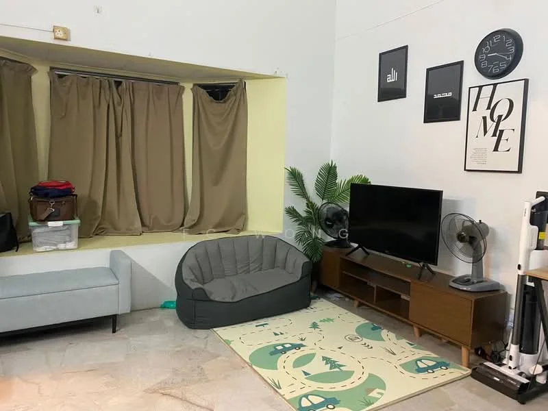 Living features: beige fabric sofa, grey pet bed, wood TV console, wall-mounted TV, 2 standing fans, decorative wall clock, framed wall art, green area rug with pattern, curtains in brown, marble flooring; style: modern.