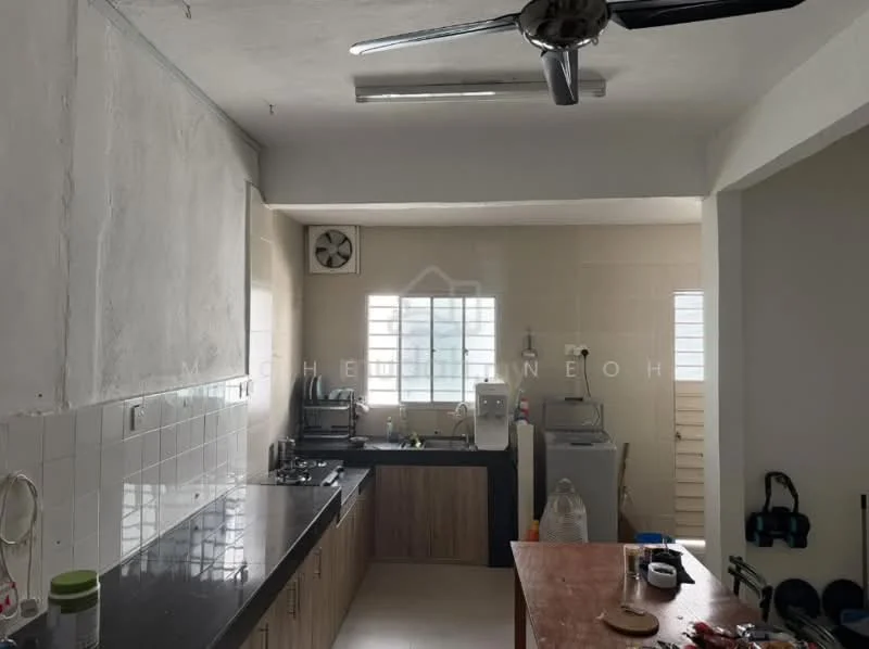 Kitchen features: black granite countertop, white tiled backsplash, wood cabinetry, stainless-steel sink, chrome pull-down faucet, built-in gas stove, microwave, refrigerator, washing machine, ceiling fan, window with white frame, light-colored walls, tile flooring; style: modern.
