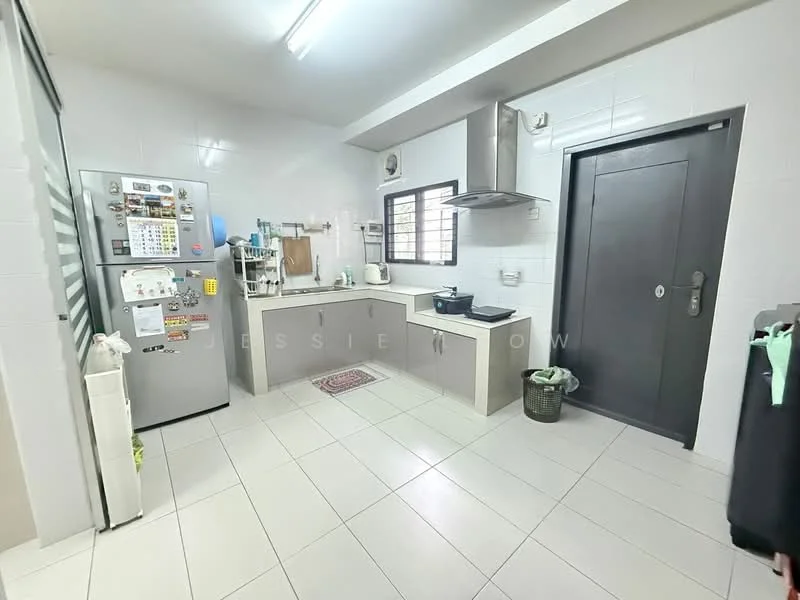Kitchen features: light grey cabinetry, white tiled walls, grey tiled flooring, stainless-steel fridge, built-in gas stove, exhaust hood, single-bowl stainless-steel sink, window above sink, countertop space, kitchen mat, black door, open shelving, dish rack, wall-mounted storage; style: modern.