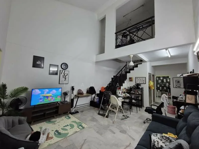 Living features: marble flooring, white painted walls, high ceiling, 5-blade ceiling fan with light, wall-mounted TV, sofa in dark blue, 3-seater fabric sofa, area rug with cartoon pattern, wooden coffee table, decorative wall art, open staircase with metal railing, potted plant, study desk with chair; style: modern.