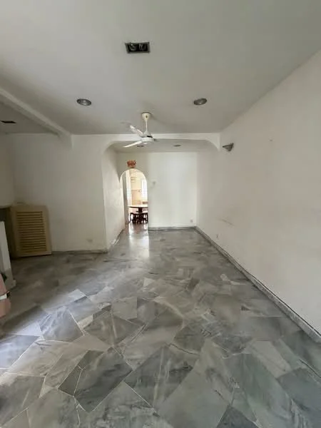 Room features: marble flooring, white painted walls, ceiling fan, recessed downlights, arched doorway, open layout, natural light from doorway, dining table visible in background; style: minimalist.
