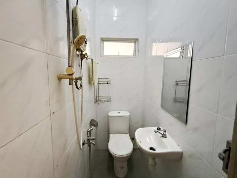 Bathroom features: white tiled walls, white ceramic floor tiles, one-piece toilet, chrome basin mixer faucet, small wall-mounted mirror, shower head with handheld attachment, shower wall-mounted shelf, window for natural light; style: modern.