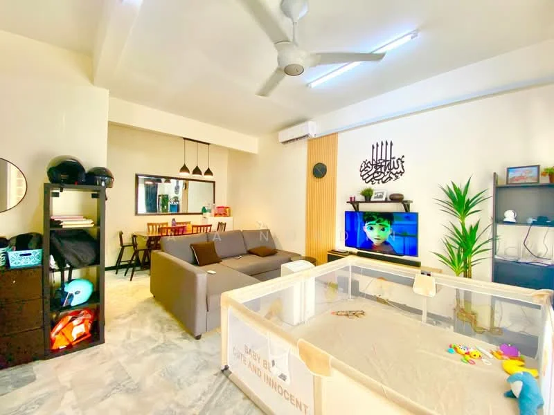 Living features: 3-seater fabric sofa in grey, coffee table, wall-mounted TV, TV console, area rug, ceiling fan with light, decorative wall art, potted plant, open shelving unit, dining table with chairs, playpen with toys, marble flooring, white painted walls; style: modern.
