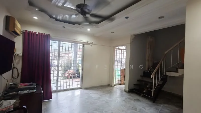 Living features: 5-blade ceiling fan with light, white painted walls, grey accent wall, marble flooring, sliding glass door, floor-to-ceiling windows, curtains, staircase, TV console, wall-mounted TV; style: modern; view: garden.