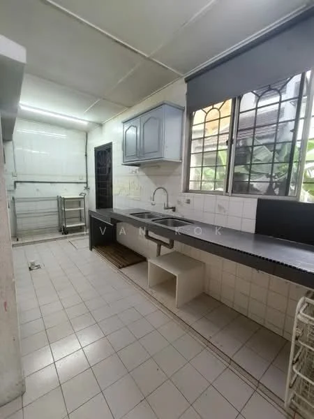 Kitchen features: white tiled flooring, grey laminate countertop, single-bowl stainless-steel sink, chrome pull-down faucet, white cabinetry with upper cabinets, window with metal grille, wall-mounted shelving, tile backsplash, built-in drying rack, open space for appliances; view: garden.