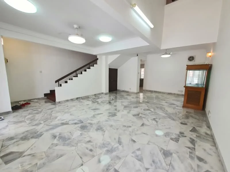 Living features: marble flooring, white painted walls, ceiling lights, staircase with wooden railing, large windows, open layout, air conditioning unit, decorative wall clock, built-in display cabinet; style: modern.