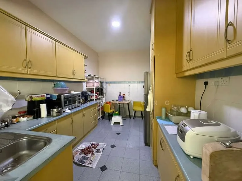 Kitchen features: single-bowl stainless-steel sink, chrome pull-down faucet, laminate countertop in light blue, wood cabinetry in light yellow, built-in microwave, freestanding refrigerator, 4-burner gas hob, tile backsplash, ceramic tile flooring, overhead cabinets, kitchen table with chairs, open shelving, white walls, fluorescent ceiling light; style: functional.