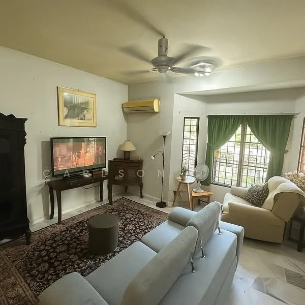 Living features: 3-seater fabric sofa in light color, armchair, coffee table, TV console, wall-mounted TV, area rug with intricate pattern, floor lamp, 5-blade ceiling fan, window with green curtains, marble flooring, decorative artwork on wall, air conditioning unit; style: traditional; view: garden.