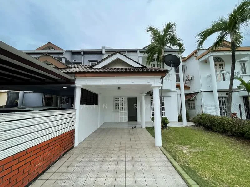 Exterior type: linked terrace house; features: red brick facade, white painted facade, pitched tile roof, single-storey, manicured lawn, paved walkway, palm trees, car porch with awning; style: modern.