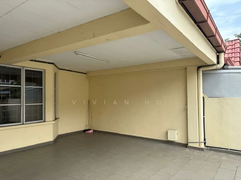 Room features: cream painted walls, grey tiled flooring, flat ceiling, floor-to-ceiling windows, overhead fluorescent lighting, open layout, covered outdoor area.