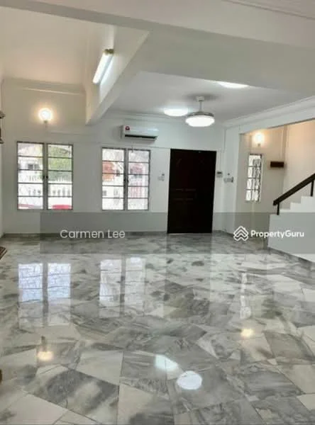 Room features: marble flooring, white painted walls, recessed downlights, 2 ceiling lights, 1 wall-mounted split AC, large windows with grills, main entrance door, open layout; style: modern.